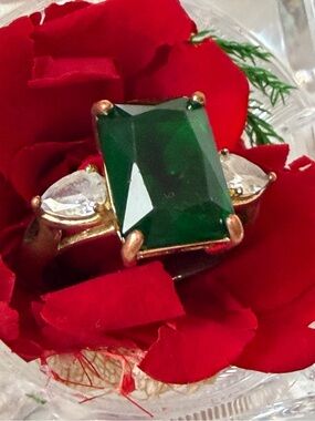 Emerald-Cut Green Stone Three-Stone Ring - Women Jewelry
